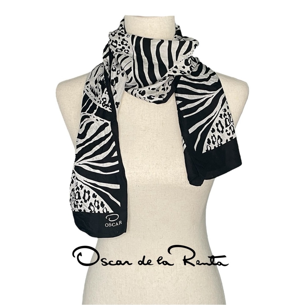 Oscar de la Renta Black and White Animal Print Silk Scarf